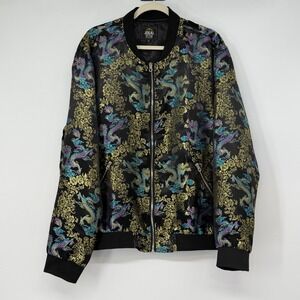 Jogal Style Mens XL Dragon Brocade Bomber Jacket Black Gold Blue